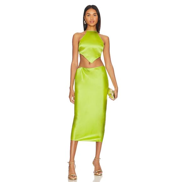 NEW Ser.O.Ya by Retrofete Penina Satin Midi Slip Skirt in Chartreuse - Picture 3 of 16